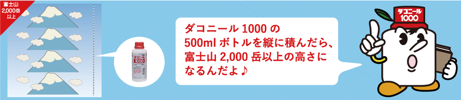 ダコニール1000の500mlボトルを縦に積んだら、富士山2,000岳以上の高さになるんだよ♪