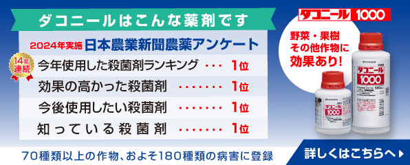 ダコニールはこんな薬剤です。詳しくはこちらへ。農薬アンケート2024年4冠達成。一年以内に使用した殺菌剤ランキンングNo.1（14年連続）。効果の高かった殺菌剤ランキンングNo.1。今後使用したい殺菌剤ランキンングNo.1。70種類以上の作物およそ180種類の病害に登録