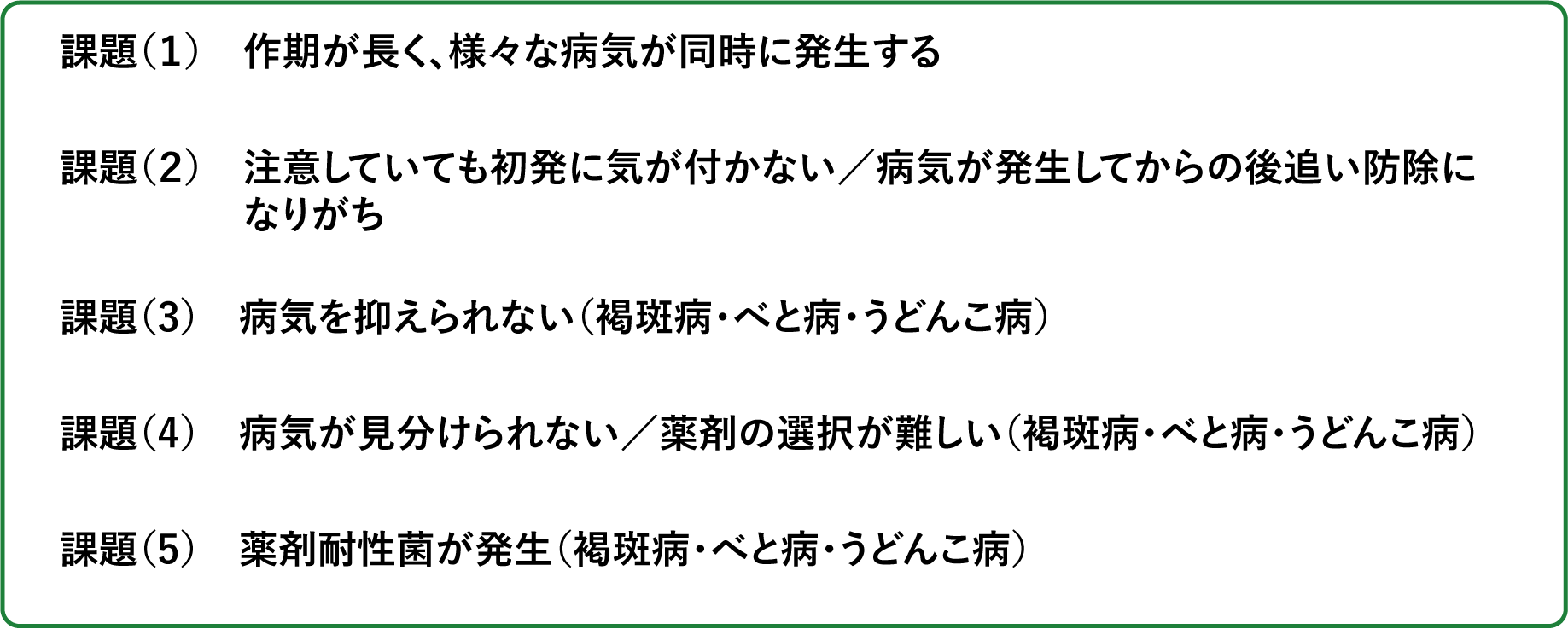 課題（１）　作期が長く、様々な病気が同時に発生する 課題（２）　注意していても初発に気が付かない／病気が発生してからの後追い防除になりがち 課題（3）　病気を抑えられない（褐斑病・べと病・うどんこ病） 課題（4）　病気が見分けられない／薬剤の選択が難しい（褐斑病・べと病・うどんこ病） 課題（5）　薬剤耐性菌が発生（褐斑病・べと病・うどんこ病）