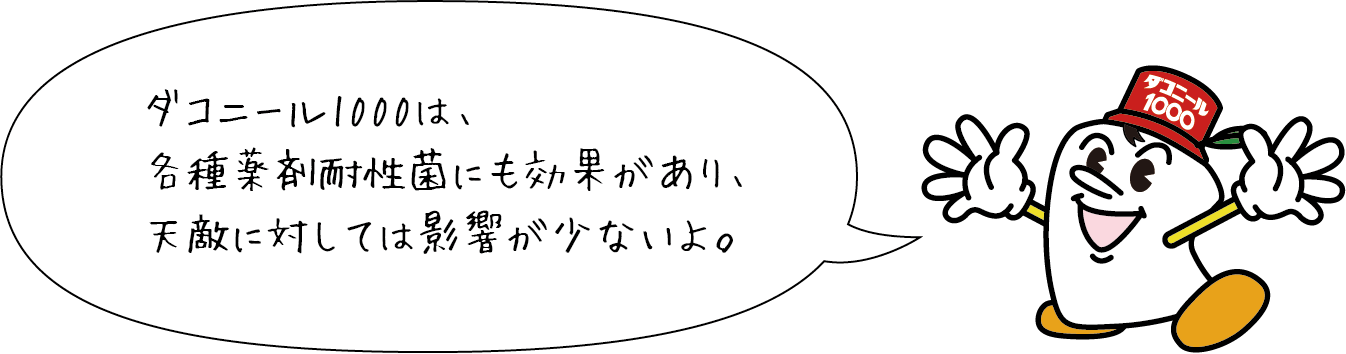 ダコニール1000は、各種薬剤耐性菌にも効果があり、天敵に対しては影響が少ないよ。