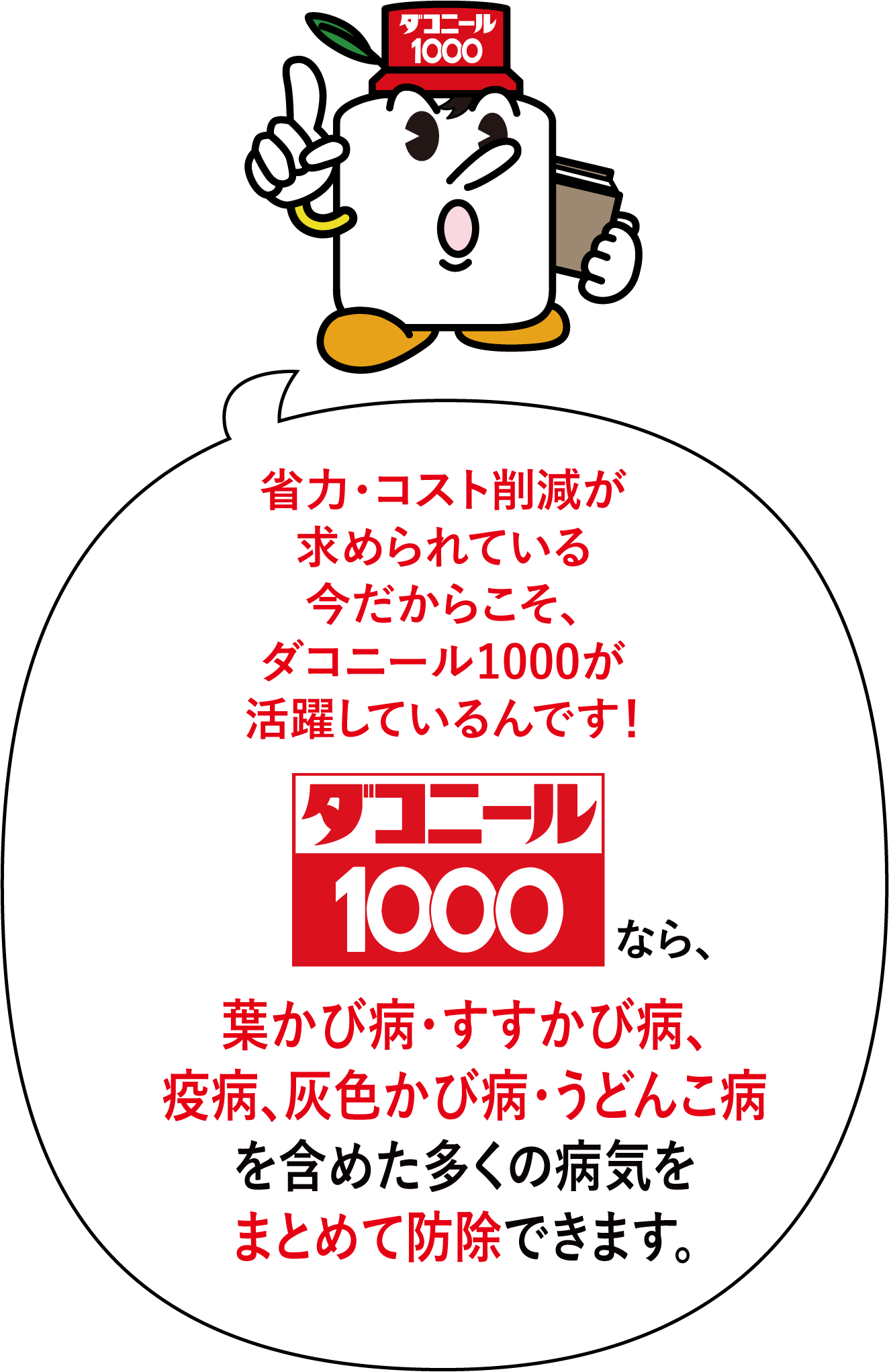 省力・コスト削減が求められている今だからこそ、ダコニール1000が活躍しているんです! 葉かび病・すすかび病、疫病、灰色かび病・うどんこ病を含めた多くの病気をまとめて防除できます。